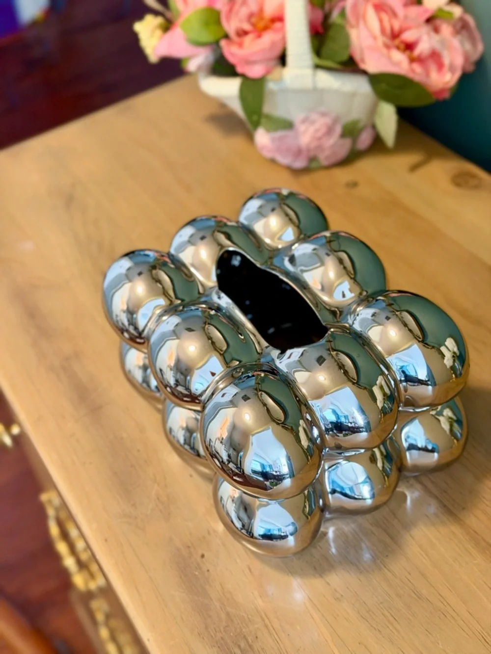 Chrome Bubble Tissue Box Cover Sculptural Silver Modern Decor - Picture 5 of 9